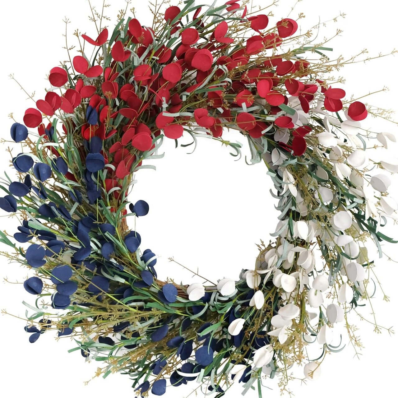 22-inch artificial floral wreath in red, white, and blue, featuring patriotic-themed flowers and twigs, ideal for hanging on doors, walls, or tables to celebrate Independence Day, Memorial Day, Flag Day, and other national holidays.